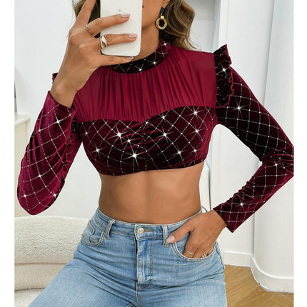 Women Velvet Crop Top Long Sleeve Mock Neck Shirt Mesh Rhinestone Blouse