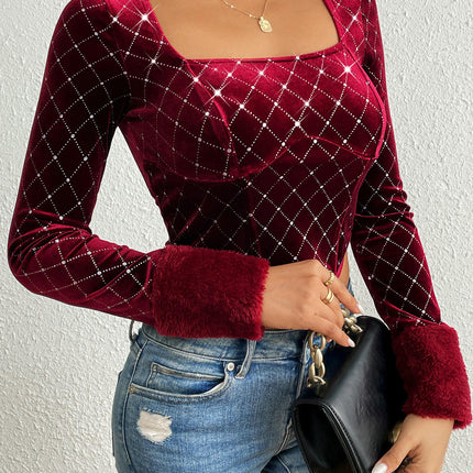 Long Sleeve Corset Tops for Women Slim Fit Square Neck Cropped Blouse Party Velvet Top