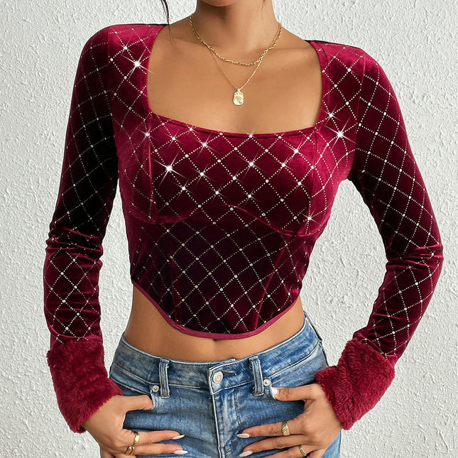 Long Sleeve Corset Tops for Women Slim Fit Square Neck Cropped Blouse Party Velvet Top