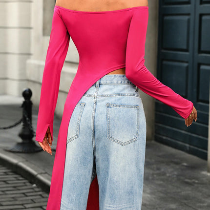 Women's Off Shoulder Top High Low Asymmetrical Hem Long Sleeve Tee