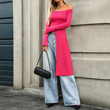 Women's Off Shoulder Top High Low Asymmetrical Hem Long Sleeve Tee
