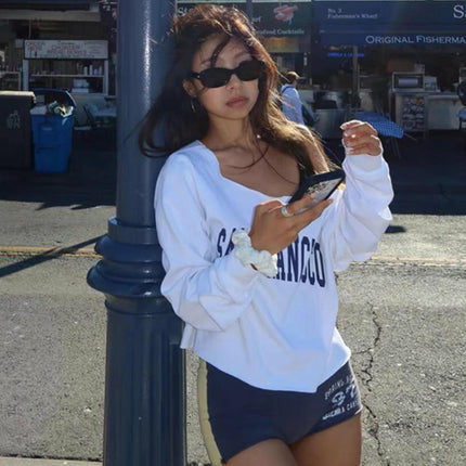 Women's Letter Print Off The Shoulder T Shirts Long Sleeve Loose Sweatshirt Tops