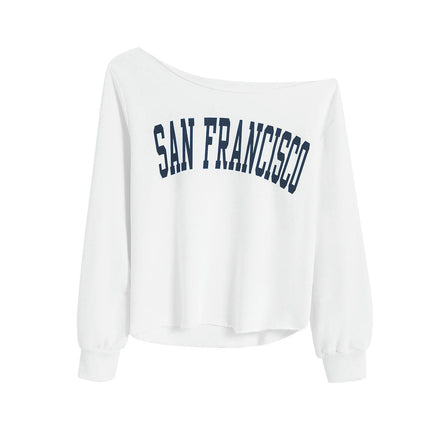 Women's Letter Print Off The Shoulder T Shirts Long Sleeve Loose Sweatshirt Tops