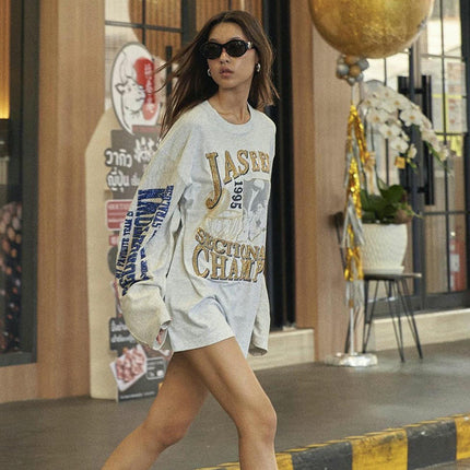 Women's Graphic Crew Neck Tee Shirts Long Sleeve Loose Oversized Tops