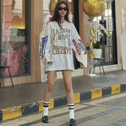 Women's Graphic Crew Neck Tee Shirts Long Sleeve Loose Oversized Tops