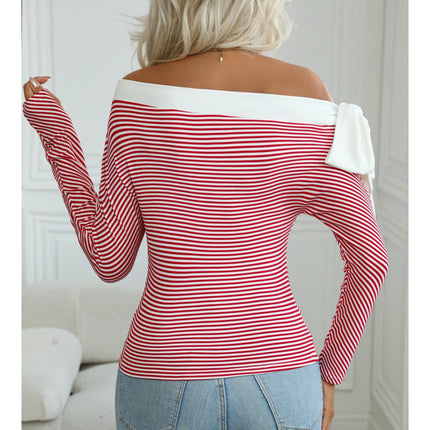 Women Sexy Off The Shoulder Long Sleeve Bow Tops Color Block Slim Fit T-Shirts