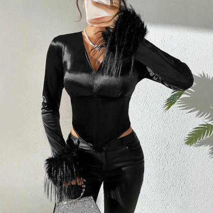 Long Sleeve Corset Tops for Women Slim Fit V Neck Cropped Blouse Party Velvet Top