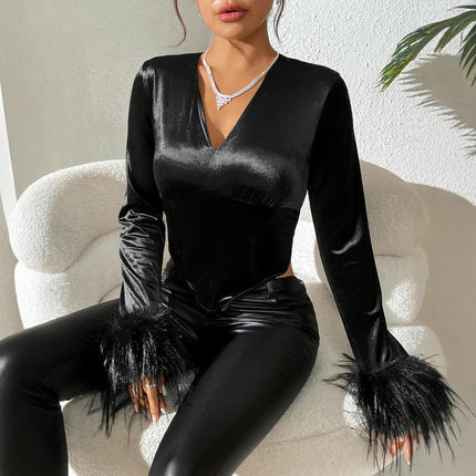 Long Sleeve Corset Tops for Women Slim Fit V Neck Cropped Blouse Party Velvet Top