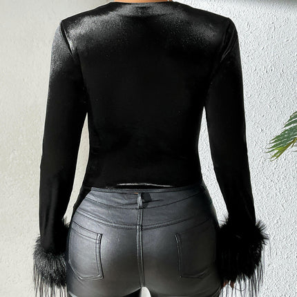 Long Sleeve Corset Tops for Women Slim Fit V Neck Cropped Blouse Party Velvet Top