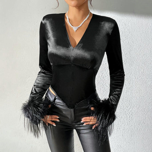 Long Sleeve Corset Tops for Women Slim Fit V Neck Cropped Blouse Party Velvet Top