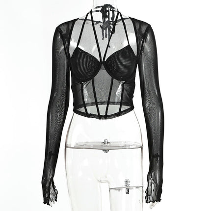 Women's Sexy Mesh Long Sleeve Boned Corset Top Trendy Going Out Bustier Crop Tops