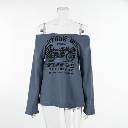 Women's Off Shoulder Long Sleeve Shirt Tops Loose Graphic T-shirt