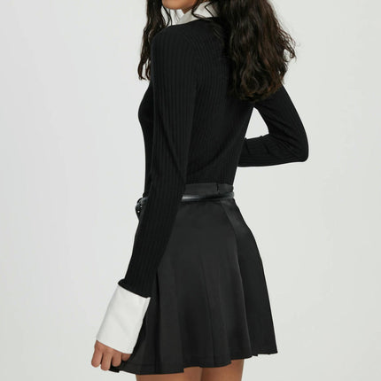 Womens Long Sleeve V Neck Ribbed Knit Tops Slim Fitted Casual Color Block Polo Shirts