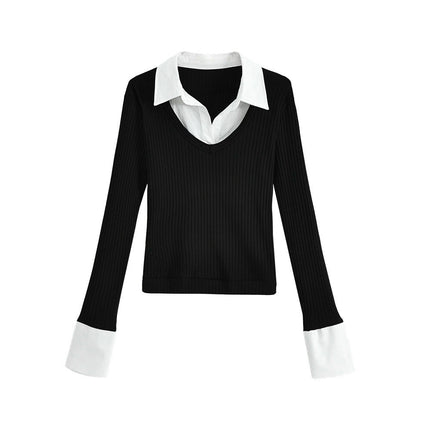 Womens Long Sleeve V Neck Ribbed Knit Tops Slim Fitted Casual Color Block Polo Shirts