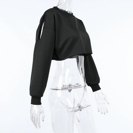 Womens Sweatshirt Long Sleeve Cut Out Cold Shoulder Casual Crewneck Crop Tops