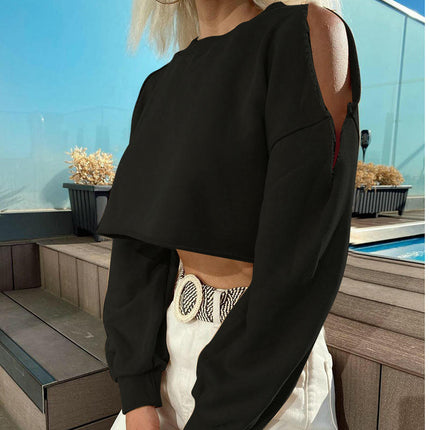 Womens Sweatshirt Long Sleeve Cut Out Cold Shoulder Casual Crewneck Crop Tops