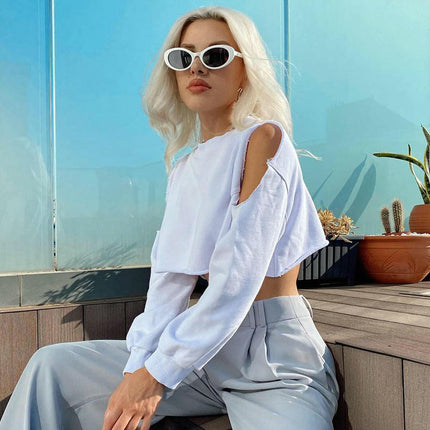 Womens Sweatshirt Long Sleeve Cut Out Cold Shoulder Casual Crewneck Crop Tops