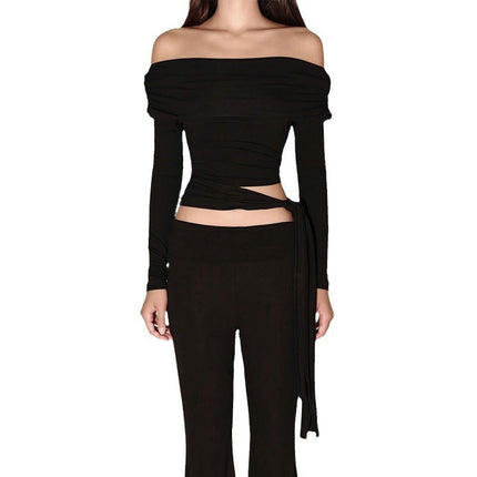 Women's Sexy Off Shoulder Crop Tops Dressy Casual Slim Fit Long Sleeves Tie Shirt