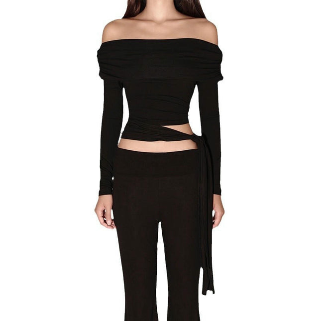 Women's Sexy Off Shoulder Crop Tops Dressy Casual Slim Fit Long Sleeves Tie Shirt