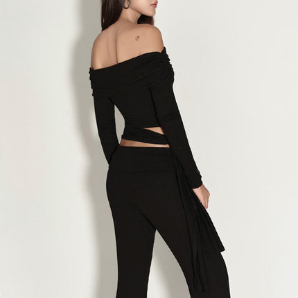 Women's Sexy Off Shoulder Crop Tops Dressy Casual Slim Fit Long Sleeves Tie Shirt