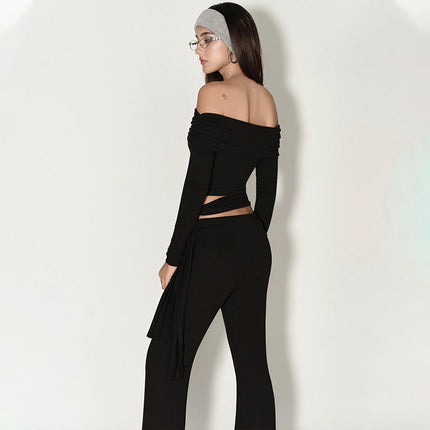 Women's Sexy Off Shoulder Crop Tops Dressy Casual Slim Fit Long Sleeves Tie Shirt