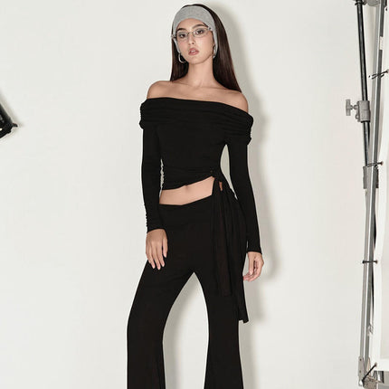 Women's Sexy Off Shoulder Crop Tops Dressy Casual Slim Fit Long Sleeves Tie Shirt