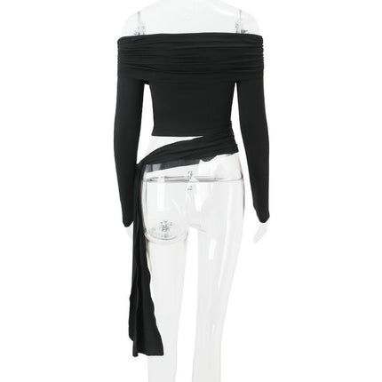 Women's Sexy Off Shoulder Crop Tops Dressy Casual Slim Fit Long Sleeves Tie Shirt