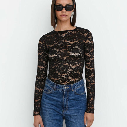 Women's Long Sleeve Crew Neck Sheer Blouse See Through Floral Lace Slim Fit Tops
