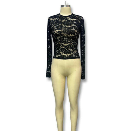 Women's Long Sleeve Crew Neck Sheer Blouse See Through Floral Lace Slim Fit Tops