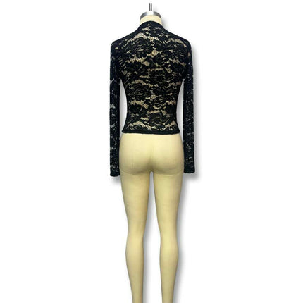 Women's Long Sleeve Crew Neck Sheer Blouse See Through Floral Lace Slim Fit Tops