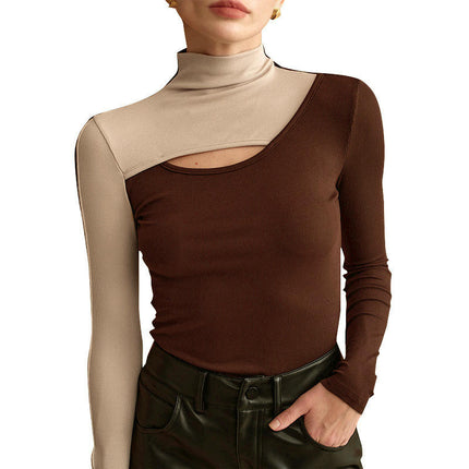 Long Sleeve Shirts for Women Cut Out Mock Neck Color Block Tops T-Shirt