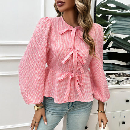 Womens Self Tie Front Bows Puff Long Sleeve Crewneck Babydoll Peplum Blouses Tops