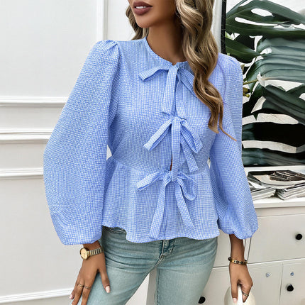 Womens Self Tie Front Bows Puff Long Sleeve Crewneck Babydoll Peplum Blouses Tops