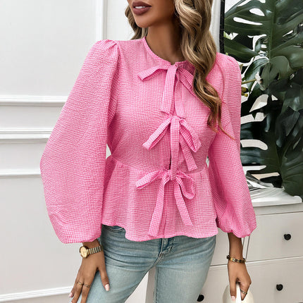 Womens Self Tie Front Bows Puff Long Sleeve Crewneck Babydoll Peplum Blouses Tops