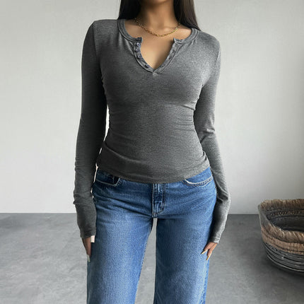Women's Long Sleeve Henley T Shirts Button Up Slim Fitted Casual Going Out Tops