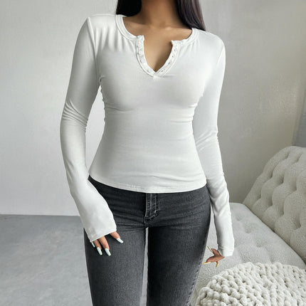 Women's Long Sleeve Henley T Shirts Button Up Slim Fitted Casual Going Out Tops