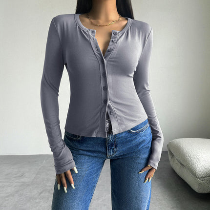 Women's Long Sleeve Shirts Crew Neck Button Down Cardigan T-Shirt Slim Fit Tops