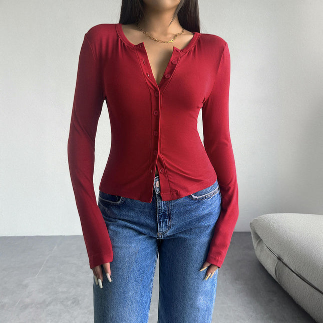 Women's Long Sleeve Shirts Crew Neck Button Down Cardigan T-Shirt Slim Fit Tops
