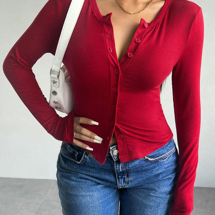 Women's Long Sleeve Shirts Crew Neck Button Down Cardigan T-Shirt Slim Fit Tops