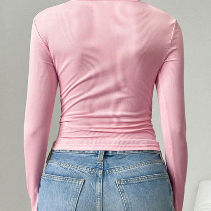 Women's Long Sleeve Square Neck T Shirts Button Slim Fit Casual Henley Tops