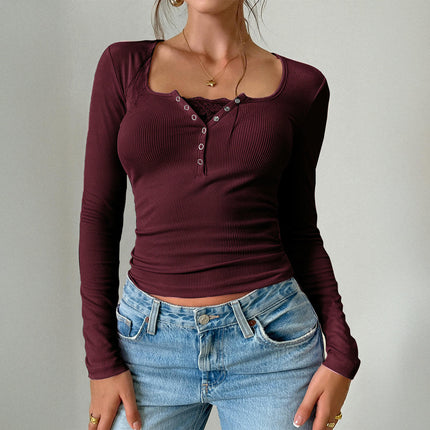 Women's Long Sleeve Square Neck T Shirts Button Slim Fit Casual Henley Tops