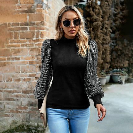 Women's Mock Neck Tops Puff Long Sleeve Shiny Sequins Ribbed Knit Casual Fall Shirts