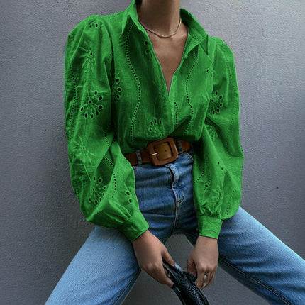 Women's Button Down Shirts Dressy Casual Long Puff Sleeve Eyelet Loose Fit Collared Blouse Top