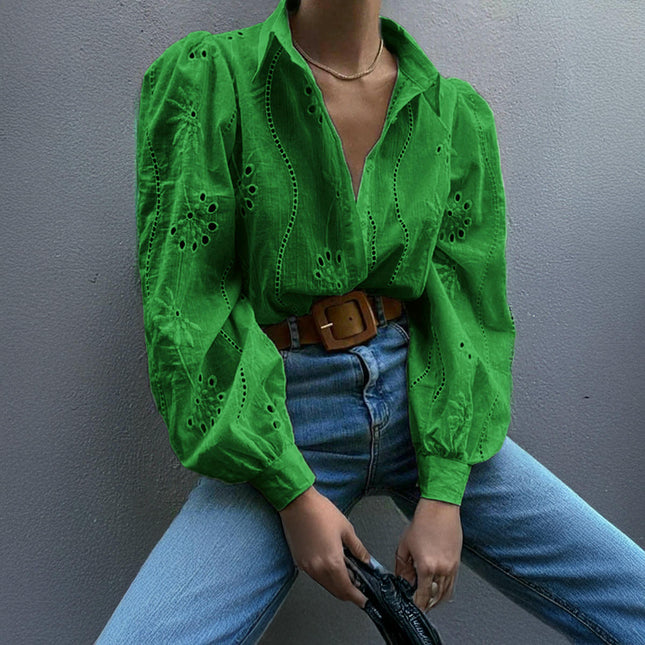 Women's Button Down Shirts Dressy Casual Long Puff Sleeve Eyelet Loose Fit Collared Blouse Top
