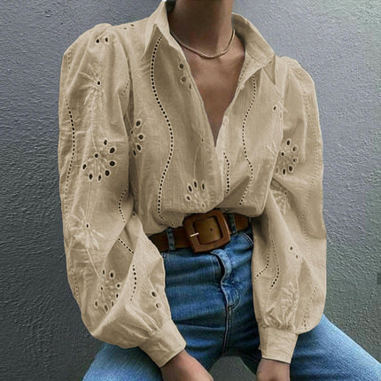 Women's Button Down Shirts Dressy Casual Long Puff Sleeve Eyelet Loose Fit Collared Blouse Top