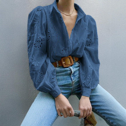 Women's Button Down Shirts Dressy Casual Long Puff Sleeve Eyelet Loose Fit Collared Blouse Top