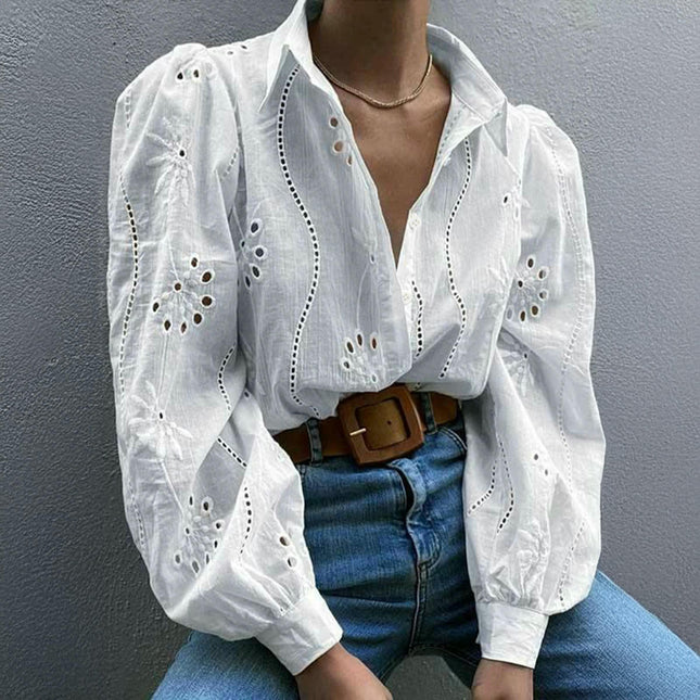 Women's Button Down Shirts Dressy Casual Long Puff Sleeve Eyelet Loose Fit Collared Blouse Top