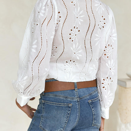 Women's Button Down Shirts Dressy Casual Long Puff Sleeve Eyelet Loose Fit Collared Blouse Top