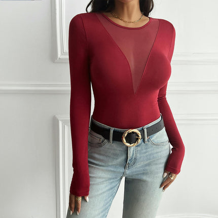 Women Long Sleeve Sexy Mesh Deep V Neck Tight Fitted Shirts Going Out Basic Tops