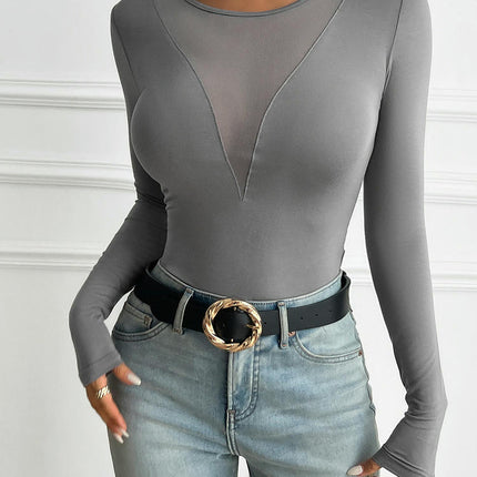 Women Long Sleeve Sexy Mesh Deep V Neck Tight Fitted Shirts Going Out Basic Tops